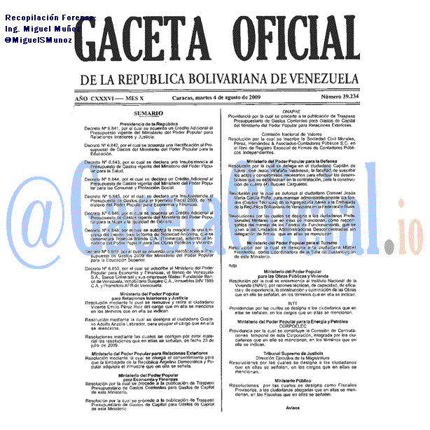 Gaceta Oficial 39234 del 4 Agosto 2009