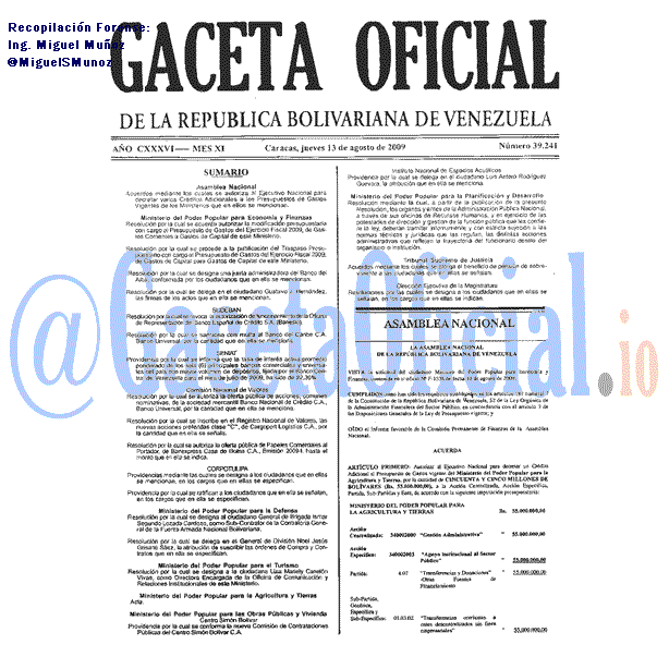 Gaceta Oficial 39241 del 13 Agosto 2009