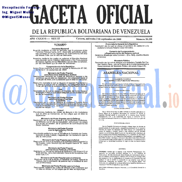 Gaceta Oficial 39255 del 2 Septiembre 2009