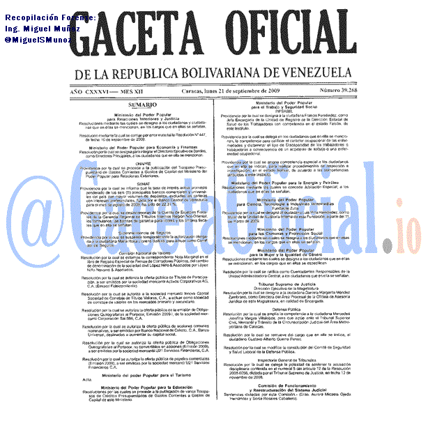 Gaceta Oficial 39268 del 21 Septiembre 2009
