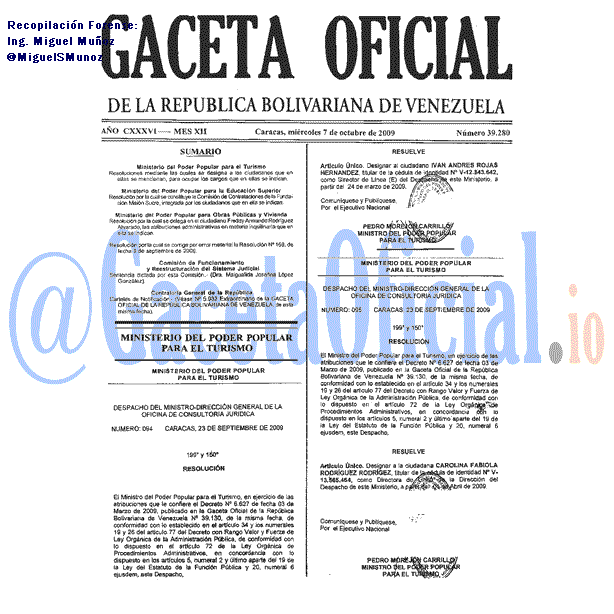 Gaceta Oficial 39280 del 7 Octubre 2009