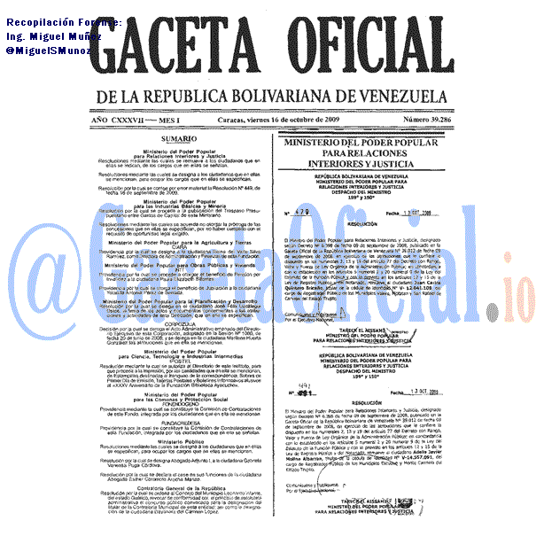 Gaceta Oficial 39286 del 16 Octubre 2009