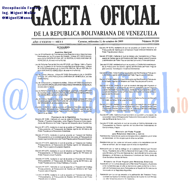 Gaceta Oficial 39289 del 21 Octubre 2009
