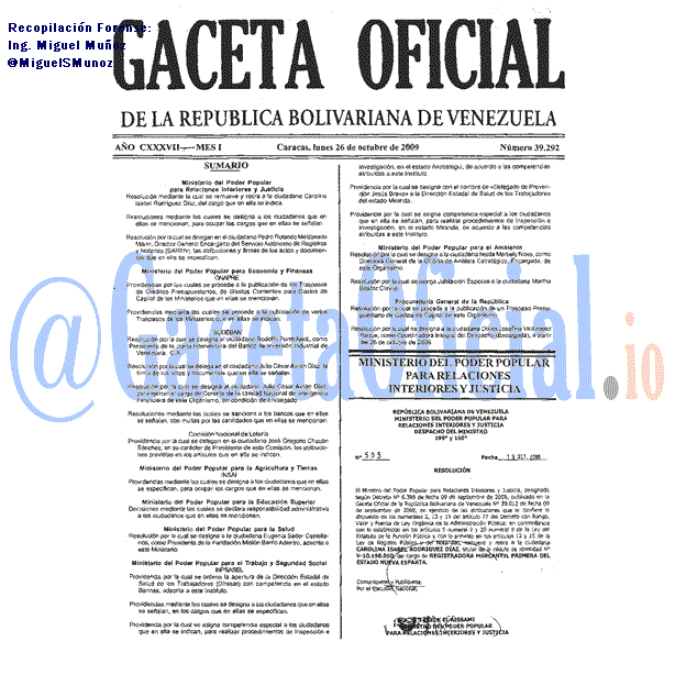 Gaceta Oficial 39292 del 26 Octubre 2009