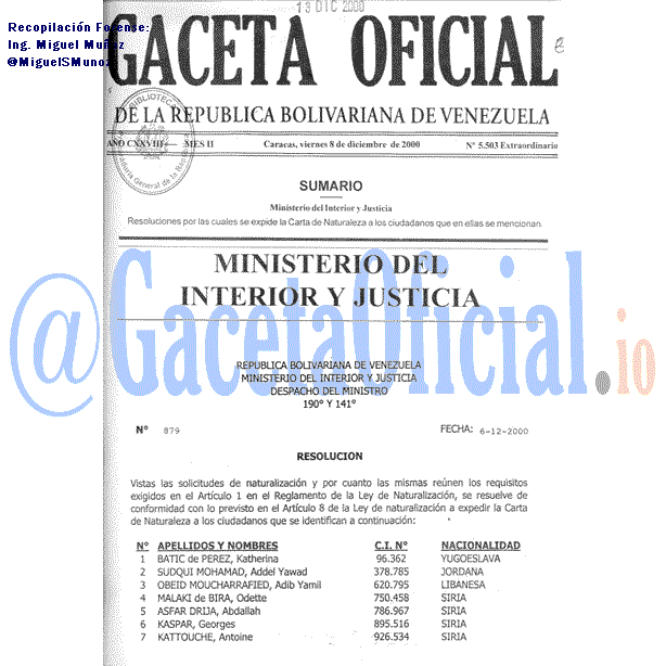 Gaceta Oficial 5503 del 8 Diciembre 2000
