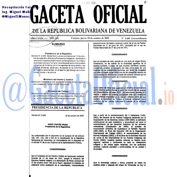 Gaceta Oficial 5605 del 10 Octubre 2002