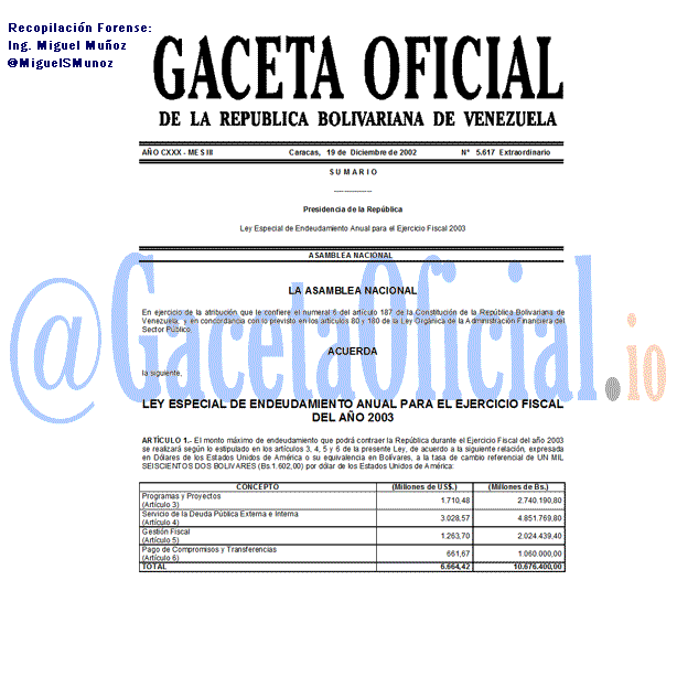 Gaceta Oficial 5617 del 19 Diciembre 2002