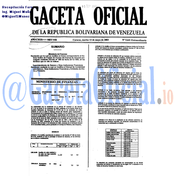 Gaceta Oficial 5641 del 13 Mayo 2003