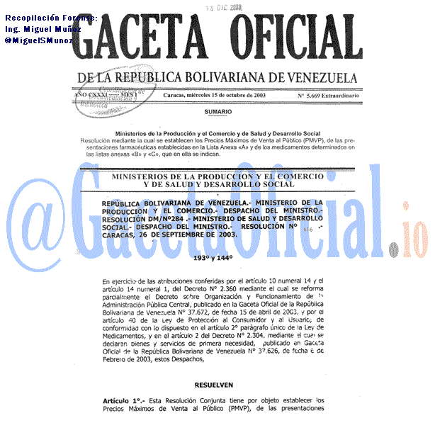 Gaceta Oficial 5669 del 15 Octubre 2003