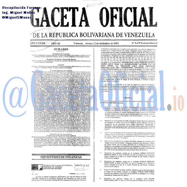 Gaceta Oficial 5675 del 12 Diciembre 2003