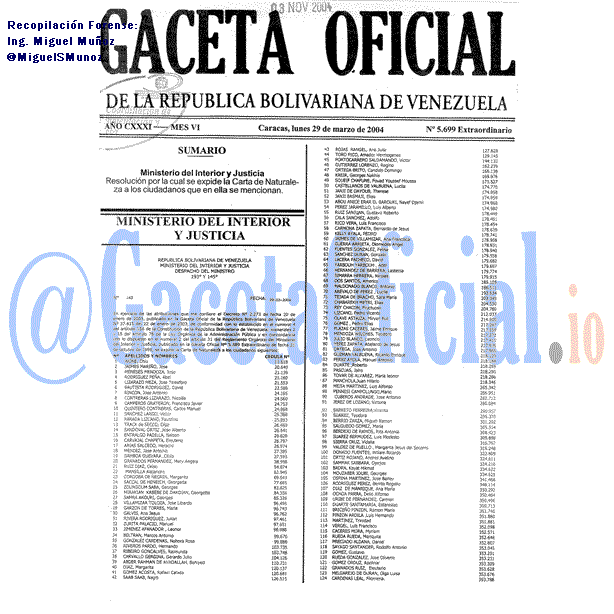 Gaceta Oficial 5699 del 29 Marzo 2004