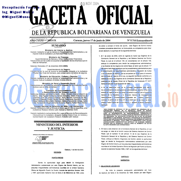Gaceta Oficial 5710 del 17 Junio 2004