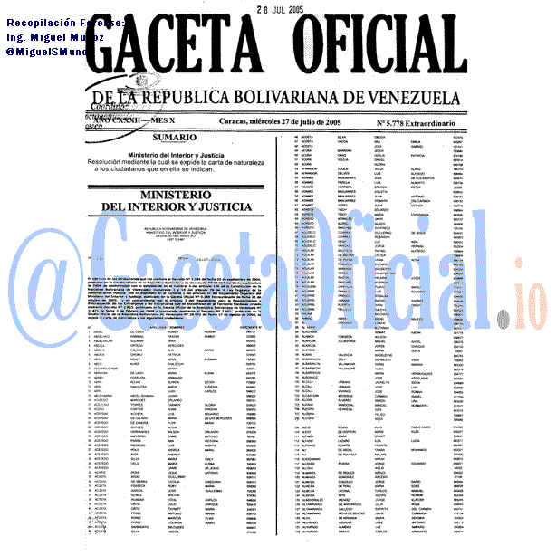 Gaceta Oficial 5778 del 27 Julio 2005