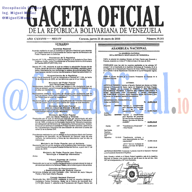 Gaceta Oficial 39351 del 21 Enero 2010