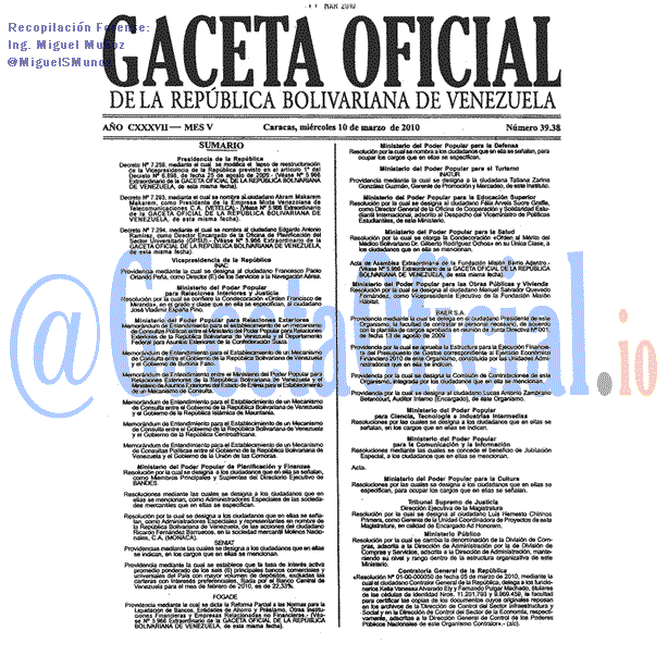 Gaceta Oficial 39383 del 10 Marzo 2010