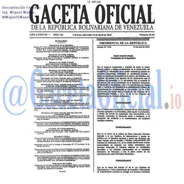 Gaceta Oficial 39403 del 14 Abril 2010