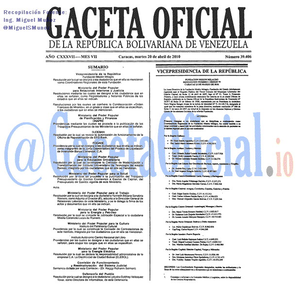 Gaceta Oficial 39406 del 20 Abril 2010