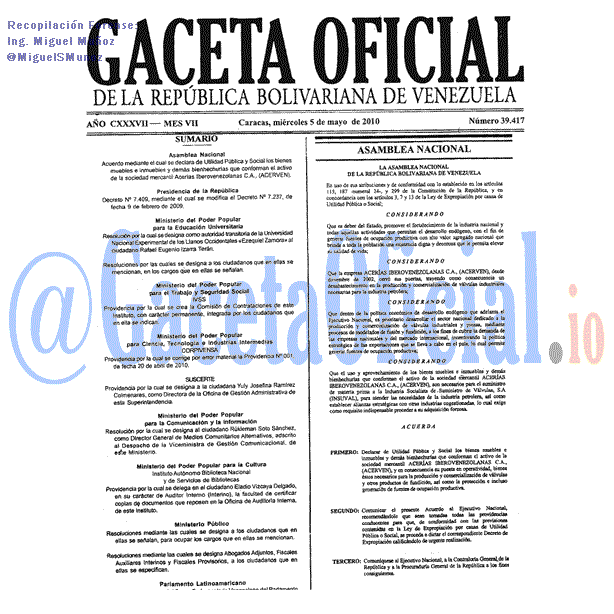 Gaceta Oficial 39417 del 5 Mayo 2010