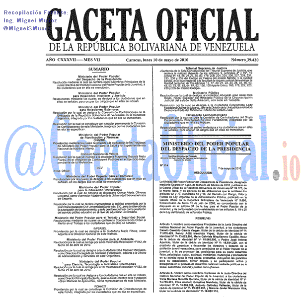 Gaceta Oficial 39420 del 10 Mayo 2010