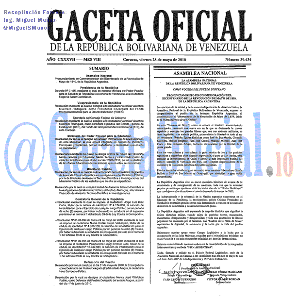 Gaceta Oficial 39434 del 28 Mayo 2010