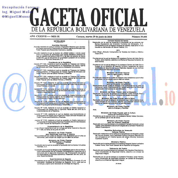 Gaceta Oficial 39455 del 29 Junio 2010