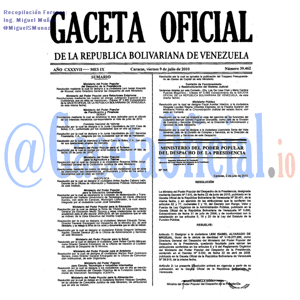 Gaceta Oficial 39462 del 9 Julio 2010