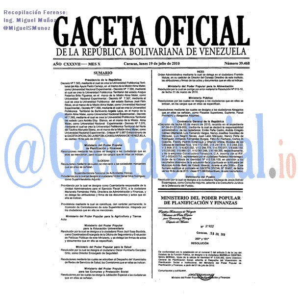 Gaceta Oficial 39468 del 19 Julio 2010
