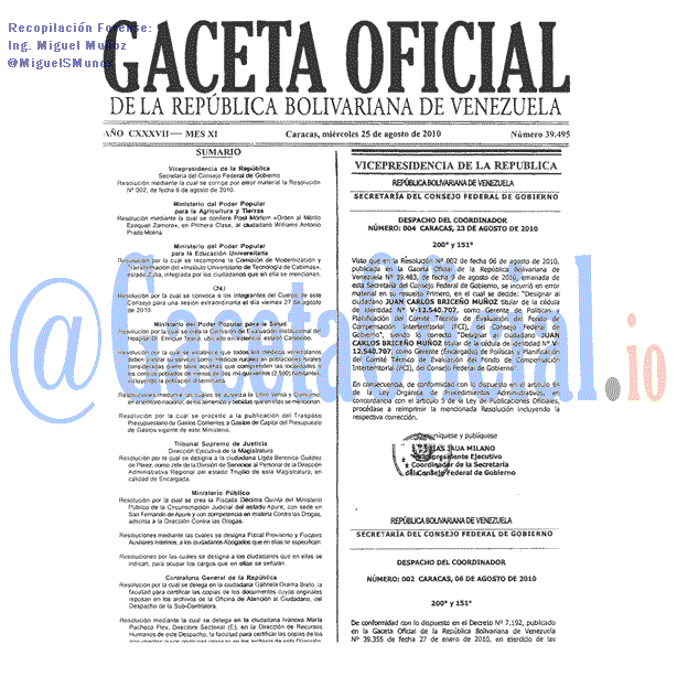 Gaceta Oficial 39495 del 25 Agosto 2010