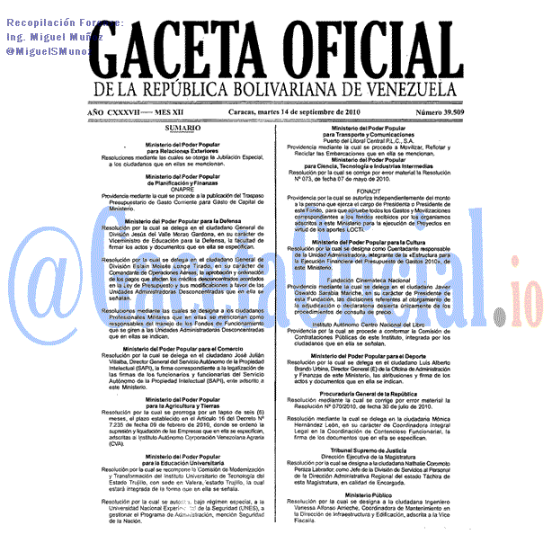Gaceta Oficial 39509 del 14 Septiembre 2010