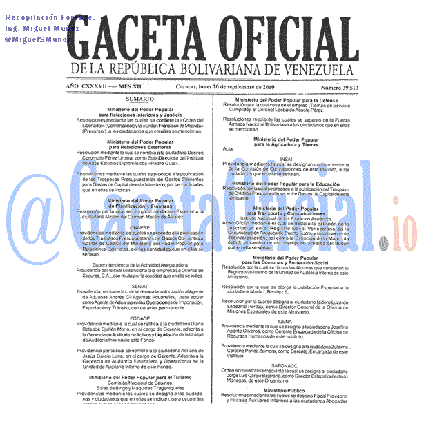Gaceta Oficial 39513 del 20 Septiembre 2010