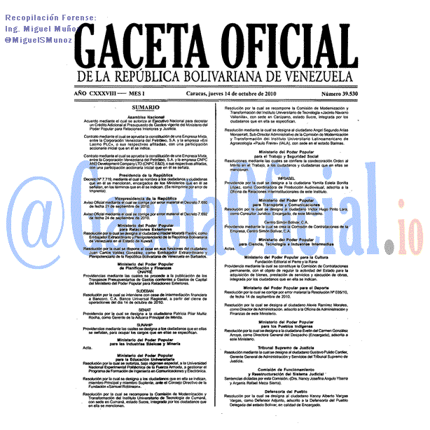 Gaceta Oficial 39530 del 14 Octubre 2010