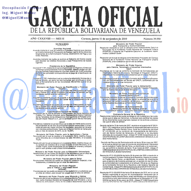 Gaceta Oficial 39550 del 11 Noviembre 2010