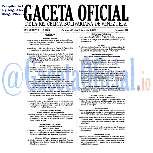 Gaceta Oficial 39732 del 10 Agosto 2011