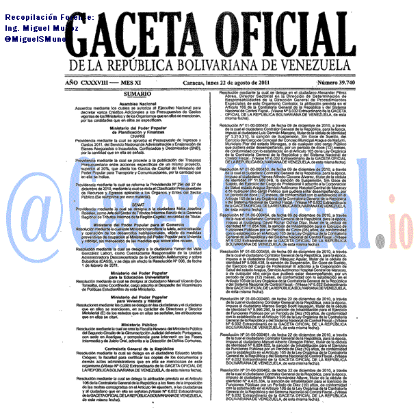 Gaceta Oficial 39740 del 22 Agosto 2011