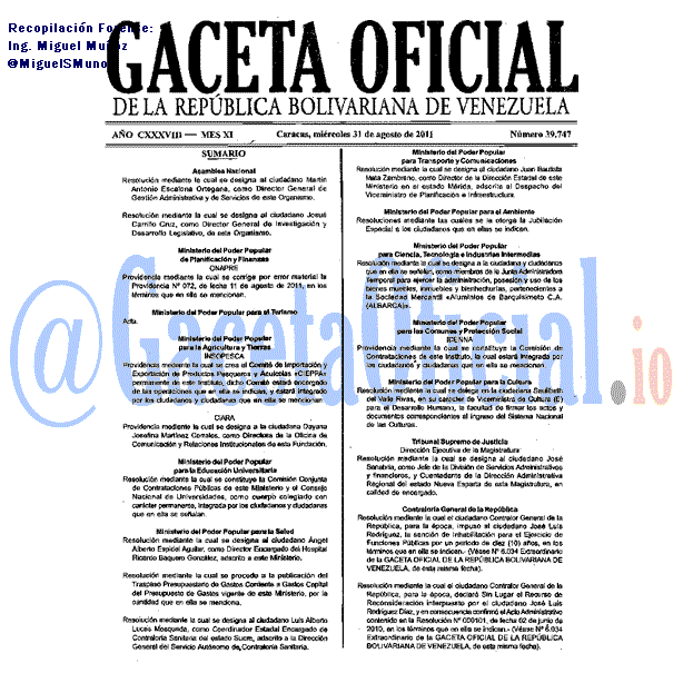 Gaceta Oficial 39747 del 31 Agosto 2011
