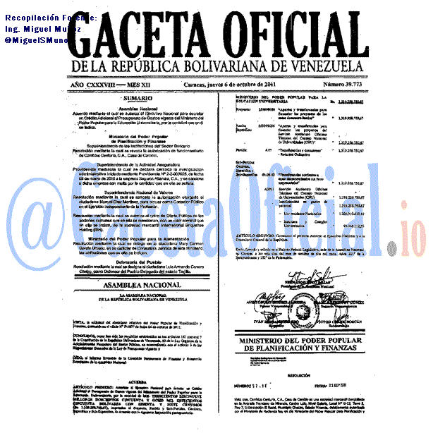 Gaceta Oficial 39773 del 6 Octubre 2011