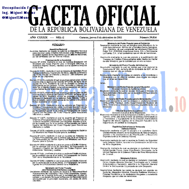 Gaceta Oficial 39816 del 8 Diciembre 2011