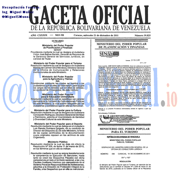 Gaceta Oficial 39825 del 21 Diciembre 2011