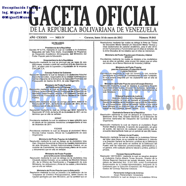 Gaceta Oficial 39843 del 16 Enero 2012