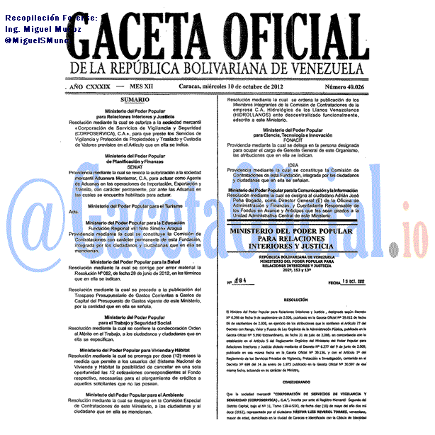 Gaceta Oficial 40026 del 10 Octubre 2012