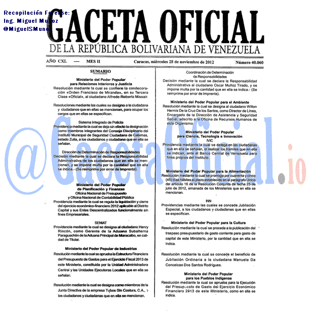 Gaceta Oficial 40060 del 28 Noviembre 2012
