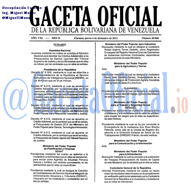 Gaceta Oficial 40066 del 6 Diciembre 2012