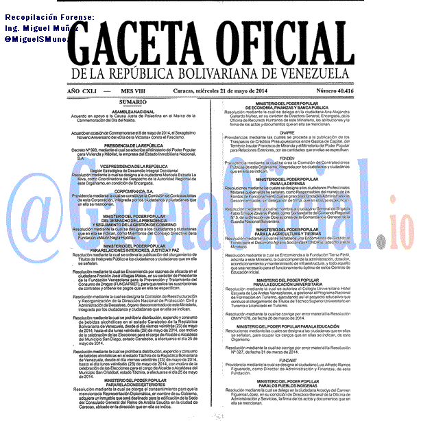 Gaceta Oficial 40416 del 21 Mayo 2014