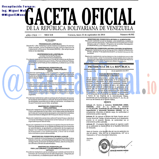 Gaceta Oficial 40502 del 22 Septiembre 2014