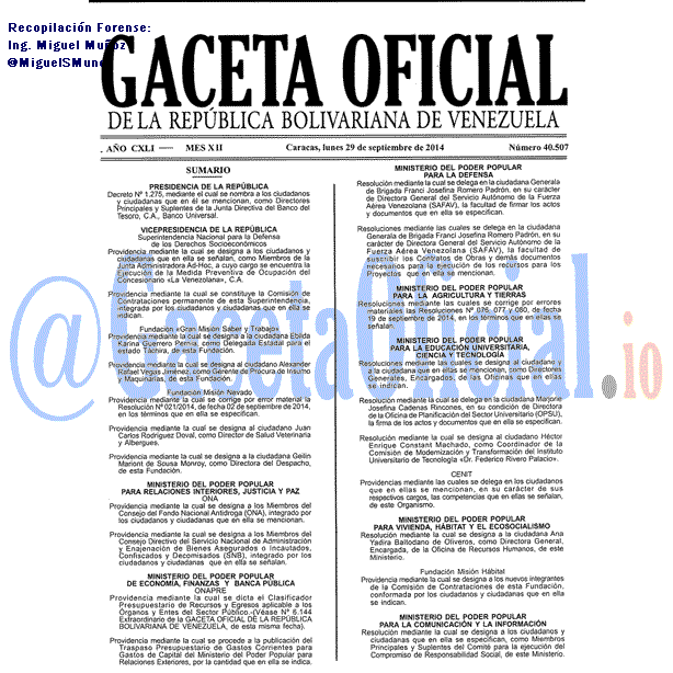 Gaceta Oficial 40507 del 29 Septiembre 2014