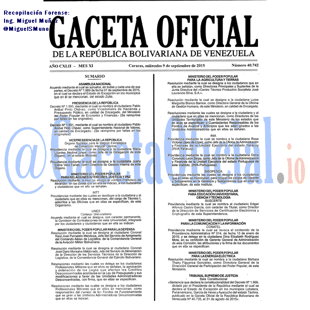 Gaceta Oficial 40742 del 9 septiembre 2015