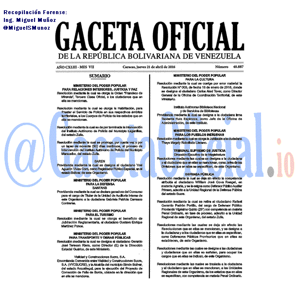 Gaceta Oficial 40887 del 21 abril 2016