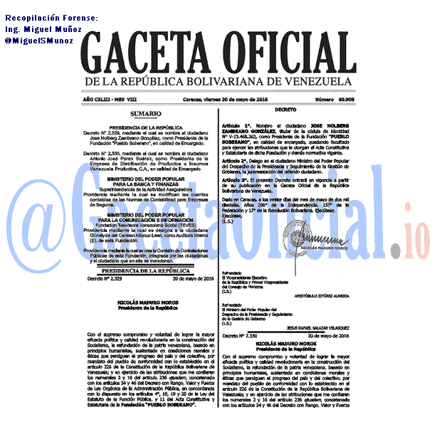 Gaceta Oficial 40908 del 20 mayo 2016