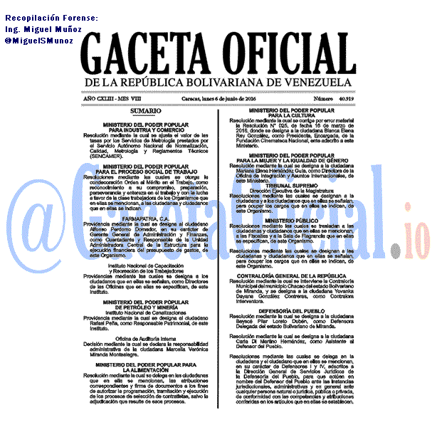 Gaceta Oficial 40919 del 6 junio 2016