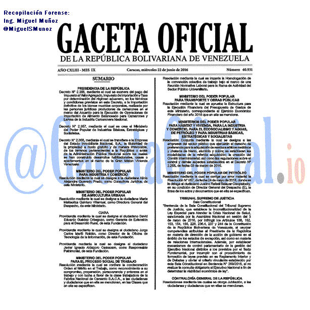Gaceta Oficial 40931 del 22 junio 2016